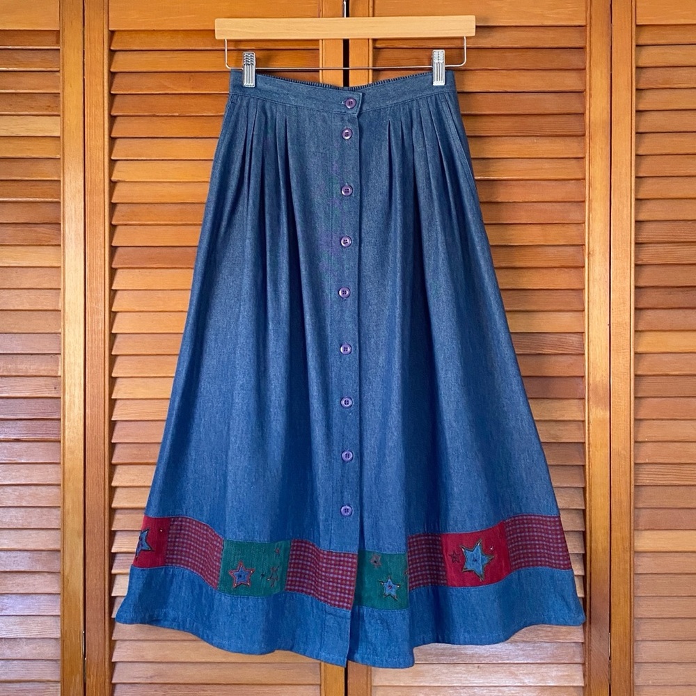 Vintage Skirt Women's Size 8 Petite Denim Button Front Midi Maxi Patchwork Long